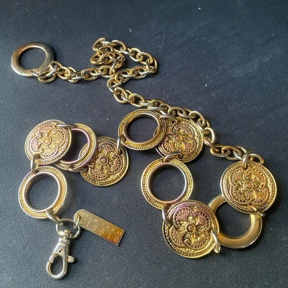 New York Studio Vintage 90s Gold Oil Spill Metal Medallion Waist Chain Belt OS - Picture 1 of 4